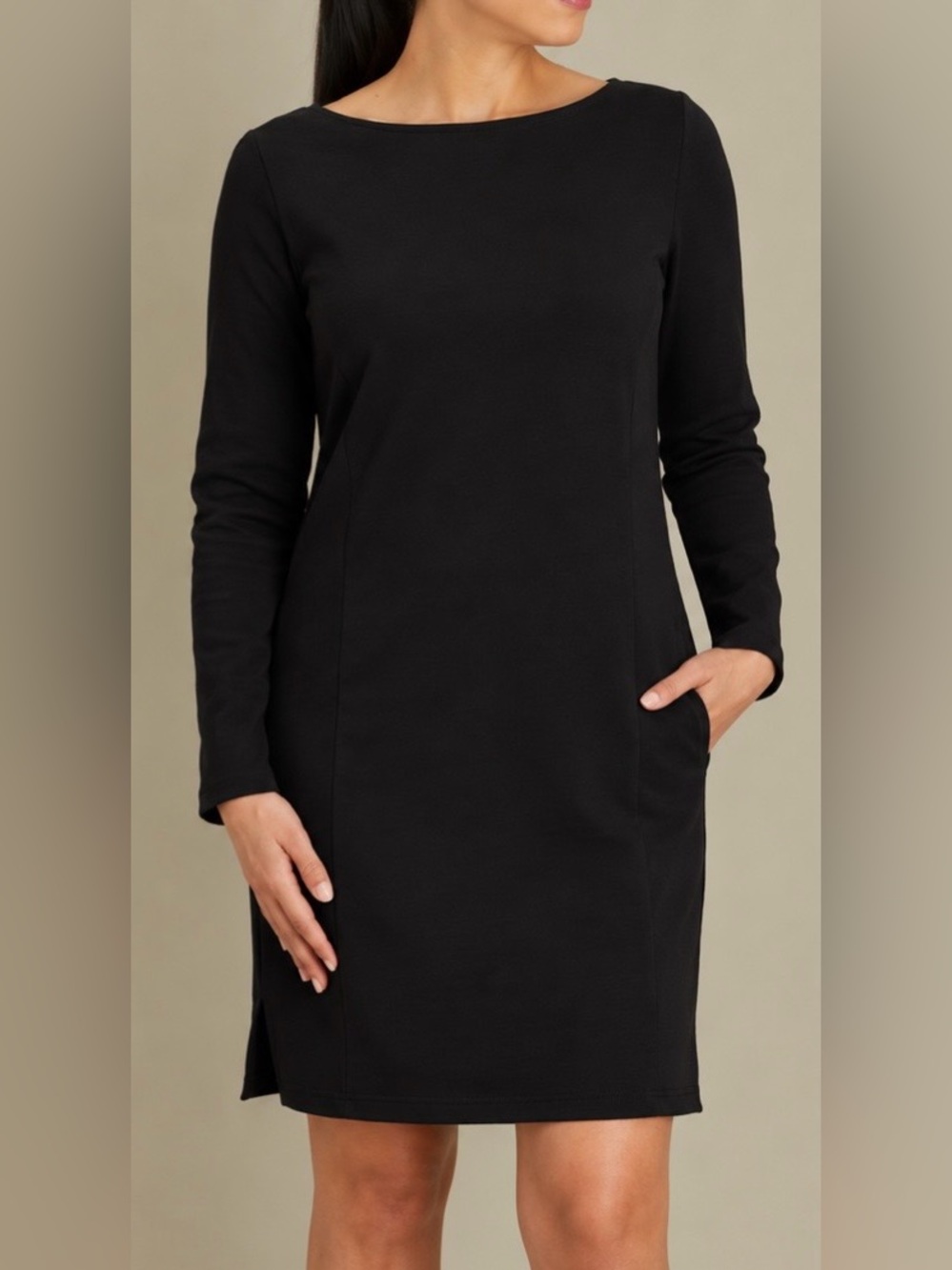 Duluth Ponte Cotton Long Sleeve Black Women Shift Dress Small S